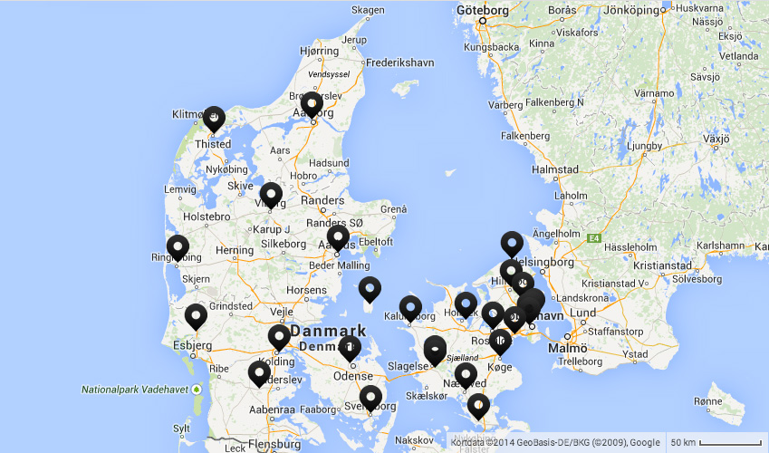 Landkort med alle danske fægteklubber